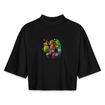 Steampunk Leprechaun with hat and barrel - Boxy Women's Recycled 1/2 Sleeved T-Shirt by Stanley/Stella - black - Front - AI Model Female 172 light (172cm)