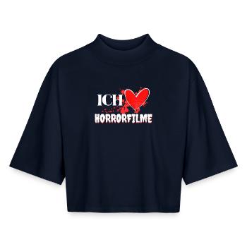 J’aime les films Heart Movies Déclaration Cineaste - T-shirt femme coupe boxy recyclé manches mi-longues Stanley/Stella - marine - Devant - AI Model Female 172 light (172cm)