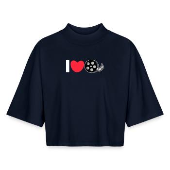 J’aime les films Déclaration de cœur Cinéma - T-shirt femme coupe boxy recyclé manches mi-longues Stanley/Stella - marine - Devant - AI Model Female 172 light (172cm)