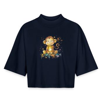 Illustration à l’aquarelle de singe ludique - T-shirt femme coupe boxy recyclé manches mi-longues Stanley/Stella - marine - Devant - AI Model Female 172 light (172cm)