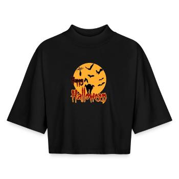 happy halloween Mond cat - Boxy Frauen Recyceltes 1/2 Sleeved T-Shirt by Stanley/Stella - Schwarz - Vorne - AI Model Female 172 light (172cm)