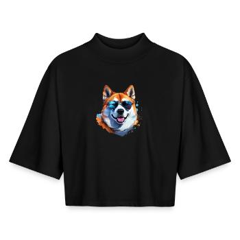 Akita Inu with sunglasses - Boxy Women's Recycled 1/2 Sleeved T-Shirt by Stanley/Stella - black - Front - AI Model Female 172 light (172cm)