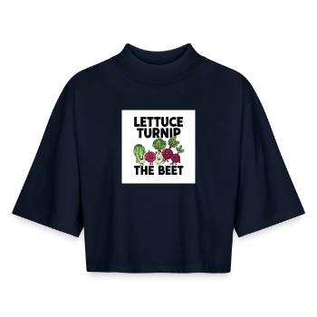 "Lettuce Turnip The Beet" Pun Vegetable Design - Boxy Women's Recycled 1/2 Sleeved T-Shirt by Stanley/Stella - navy - Front - AI Model Female 172 light (172cm)
