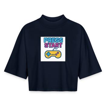 Press Start Gaming Graphics Vintage - Boxy Women's Recycled 1/2 Sleeved T-Shirt by Stanley/Stella - navy - Front - AI Model Female 172 light (172cm)