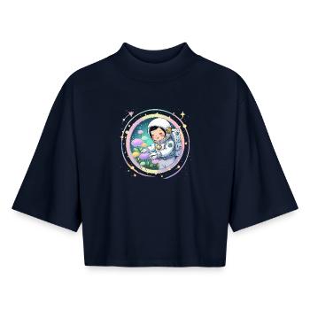Astronaut Girl with Mushrooms – Cute Space Design - Boxy Women's Recycled 1/2 Sleeved T-Shirt by Stanley/Stella - navy - Front - AI Model Female 172 light (172cm)
