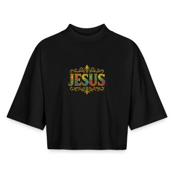 JESUS Glitter Gold Sequins - Boxy Women's Recycled 1/2 Sleeved T-Shirt by Stanley/Stella - black - Front - AI Model Female 172 light (172cm)