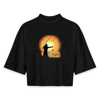 Abendliches Angeln mit Sonnenuntergangs-Silhouette - Boxy Frauen Recyceltes 1/2 Sleeved T-Shirt by Stanley/Stella - Schwarz - Vorne - AI Model Female 172 light (172cm)