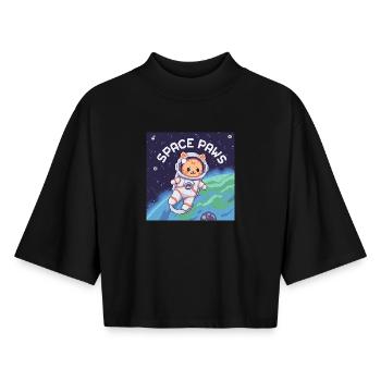Space Paws – Pixel Cat Astronaut - Boxy Women's Recycled 1/2 Sleeved T-Shirt by Stanley/Stella - black - Front - AI Model Female 172 light (172cm)
