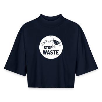 ARRÊTEZ LE GASPILLAGE - T-shirt femme coupe boxy recyclé manches mi-longues Stanley/Stella - marine - Devant - AI Model Female 172 light (172cm)