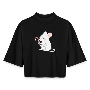 Cute Mouse with Candy Cane – Cute Cartoon - Boxy Women's Recycled 1/2 Sleeved T-Shirt by Stanley/Stella - black - Front - AI Model Female 172 light (172cm)