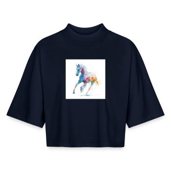 Regenbogen-Aquarellpferd in Bewegung - Boxy Frauen Recyceltes 1/2 Sleeved T-Shirt by Stanley/Stella - Navy - Vorne - AI Model Female 172 light (172cm)