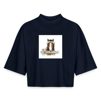 Cheval à couronne florale - T-shirt femme coupe boxy recyclé manches mi-longues Stanley/Stella - marine - Devant - AI Model Female 172 light (172cm)