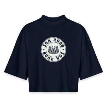 Badge de chope de bière pour la fête de garçon 2026 - T-shirt femme coupe boxy recyclé manches mi-longues Stanley/Stella - marine - Devant - AI Model Female 172 light (172cm)