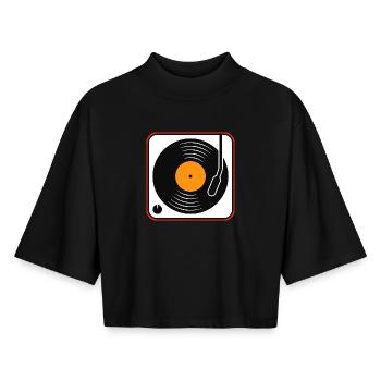 Retro-Vinyl-Album auf dem Plattenspieler - Boxy Frauen Recyceltes 1/2 Sleeved T-Shirt by Stanley/Stella - Schwarz - Vorne - AI Model Female 172 light (172cm)