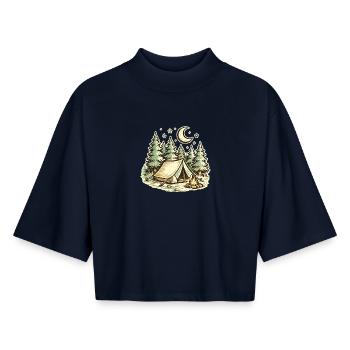 Nuits de lune en camping en forêt - T-shirt femme coupe boxy recyclé manches mi-longues Stanley/Stella - marine - Devant - AI Model Female 172 light (172cm)