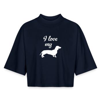 J’adore mon chien teckel, maître éventail, patte de maîtresse - T-shirt femme coupe boxy recyclé manches mi-longues Stanley/Stella - marine - Devant - AI Model Female 172 light (172cm)