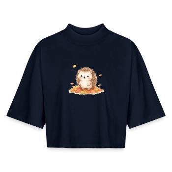 Herbstlicher Igel auf Blätterhügel - Boxy Frauen Recyceltes 1/2 Sleeved T-Shirt by Stanley/Stella - Navy - Vorne - AI Model Female 172 light (172cm)