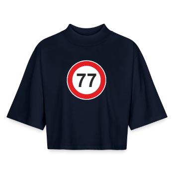 77. Seventy-Seven Years Gift Surprise - Boxy Women's Recycled 1/2 Sleeved T-Shirt by Stanley/Stella - navy - Front - AI Model Female 172 light (172cm)