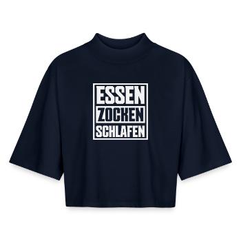 Food Gaming Sleeping Gamer Saying - Boxy Women's Recycled 1/2 Sleeved T-Shirt by Stanley/Stella - navy - Front - AI Model Female 172 light (172cm)