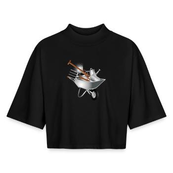 verschiedene Gartengeräte in einer Schubkarre - Boxy Frauen Recyceltes 1/2 Sleeved T-Shirt by Stanley/Stella - Schwarz - Vorne - AI Model Female 172 light (172cm)