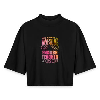 English - Boxy Women's Recycled 1/2 Sleeved T-Shirt by Stanley/Stella - black - Front - AI Model Female 172 light (172cm)