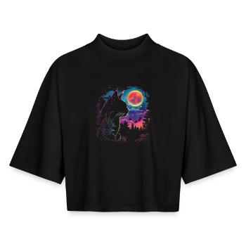 Cat sleep in neon night - Boxy Women's Recycled 1/2 Sleeved T-Shirt by Stanley/Stella - black - Front - AI Model Female 172 light (172cm)