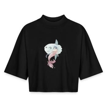 Amis de la mer – Sirène avec poisson-lun - T-shirt femme coupe boxy recyclé manches mi-longues Stanley/Stella - noir - Devant - AI Model Female 172 light (172cm)