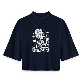 Squelette câlin du matin - T-shirt femme coupe boxy recyclé manches mi-longues Stanley/Stella - marine - Devant - AI Model Female 172 light (172cm)