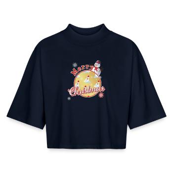 Merry Christmas English with Snowmen - Boxy Women's Recycled 1/2 Sleeved T-Shirt by Stanley/Stella - navy - Front - AI Model Female 172 light (172cm)