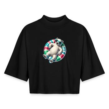 A relaxed polar bear on a swimming ring - Boxy Women's Recycled 1/2 Sleeved T-Shirt by Stanley/Stella - black - Front - AI Model Female 172 light (172cm)
