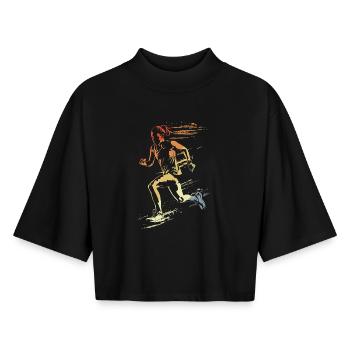Läuferin Retro-Stil - Boxy Frauen Recyceltes 1/2 Sleeved T-Shirt by Stanley/Stella - Schwarz - Vorne - AI Model Female 172 light (172cm)