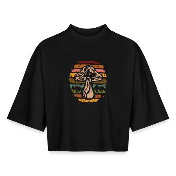 Champignon rétro Nature - Icône de cueillette de champignons - T-shirt femme coupe boxy recyclé manches mi-longues Stanley/Stella - noir - Devant - AI Model Female 172 light (172cm)