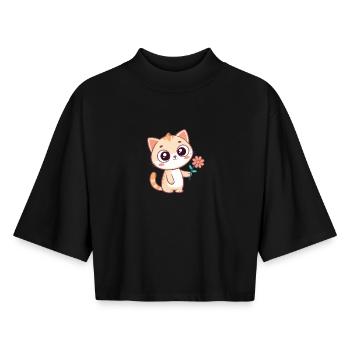 Chat kawaii et fleur pastel - T-shirt femme coupe boxy recyclé manches mi-longues Stanley/Stella - noir - Devant - AI Model Female 172 light (172cm)