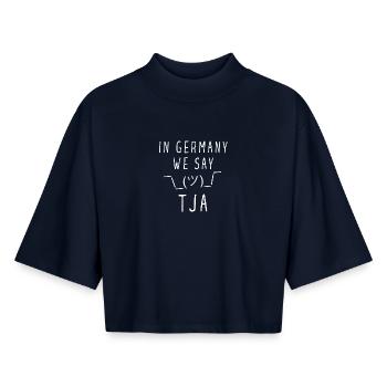 In Germany we say TJA Shrug Denglish - Boxy Women's Recycled 1/2 Sleeved T-Shirt by Stanley/Stella - navy - Front - AI Model Female 172 light (172cm)