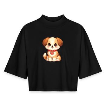 Cuddly dog with heart pendant - Boxy Women's Recycled 1/2 Sleeved T-Shirt by Stanley/Stella - black - Front - AI Model Female 172 light (172cm)