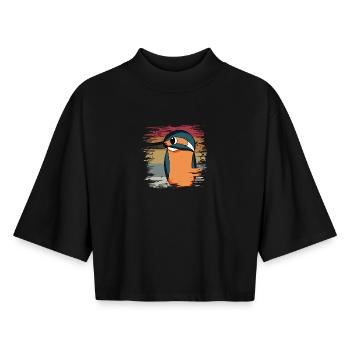 Kingfisher Blue Bird Rétro - T-shirt femme coupe boxy recyclé manches mi-longues Stanley/Stella - noir - Devant - AI Model Female 172 light (172cm)