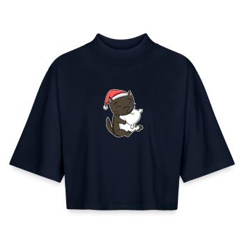 Havana Cat Noël Sommeil Fatigué - T-shirt femme coupe boxy recyclé manches mi-longues Stanley/Stella - marine - Devant - AI Model Female 172 light (172cm)