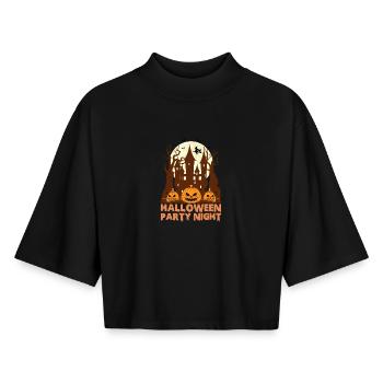 Scary Halloween Party Design Citrouille effrayante - T-shirt femme coupe boxy recyclé manches mi-longues Stanley/Stella - noir - Devant - AI Model Female 172 light (172cm)