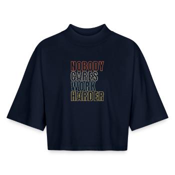 Nobody Cares Work Harder - Boxy Women's Recycled 1/2 Sleeved T-Shirt by Stanley/Stella - navy - Front - AI Model Female 172 light (172cm)