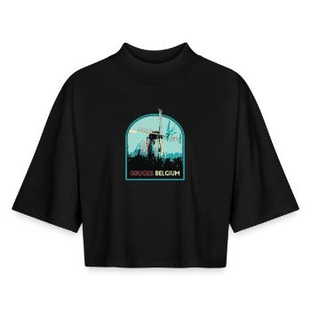 Illustration Moulin à Vent près de Bruges - T-shirt femme coupe boxy recyclé manches mi-longues Stanley/Stella - noir - Devant - AI Model Female 172 light (172cm)