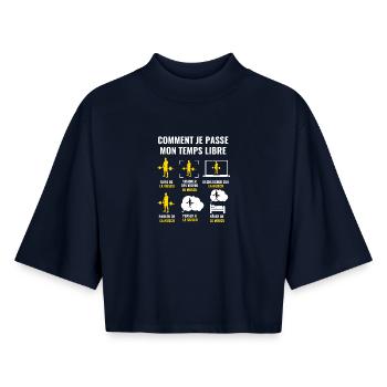 COMMENT JE PASSE MON TEMPS LIBRE - muscu - T-shirt femme coupe boxy recyclé manches mi-longues Stanley/Stella - marine - Devant - AI Model Female 172 light (172cm)
