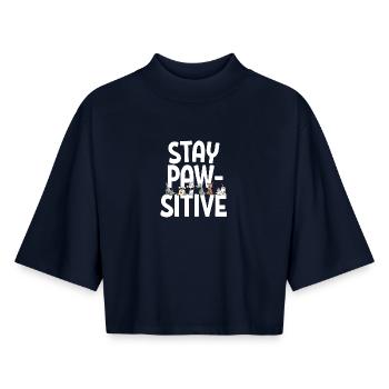Happy Dog Team Dogs Saying Stay Pawsitive - Boxy Women's Recycled 1/2 Sleeved T-Shirt by Stanley/Stella - navy - Front - AI Model Female 172 light (172cm)
