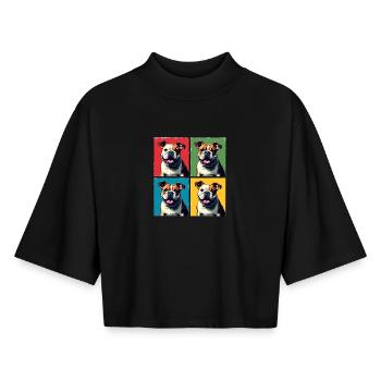Pop Art Bulldog, Bulles, Crêpe, Chonk, Grignotage - T-shirt femme coupe boxy recyclé manches mi-longues Stanley/Stella - noir - Devant - AI Model Female 172 light (172cm)