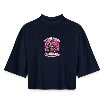 Biker Oma Cartoon Illustration - Boxy Frauen Recyceltes 1/2 Sleeved T-Shirt by Stanley/Stella - Navy - Vorne - AI Model Female 172 light (172cm)