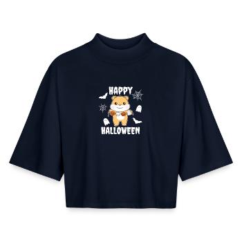 Hamster Happy Halloween Citrouille Fantôme Costume - T-shirt femme coupe boxy recyclé manches mi-longues Stanley/Stella - marine - Devant - AI Model Female 172 light (172cm)