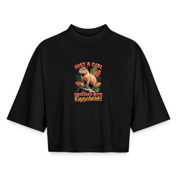 Drôle de Capybara - T-shirt femme coupe boxy recyclé manches mi-longues Stanley/Stella - noir - Devant - AI Model Female 172 light (172cm)