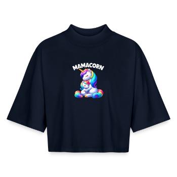 Mamacorn Maman Licorne Mère Bébé Licorne à grains - T-shirt femme coupe boxy recyclé manches mi-longues Stanley/Stella - marine - Devant - AI Model Female 172 light (172cm)