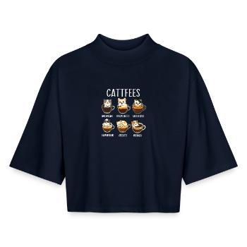 Cattfees Café Jeu de mots Chat Amoureux Humour - T-shirt femme coupe boxy recyclé manches mi-longues Stanley/Stella - marine - Devant - AI Model Female 172 light (172cm)