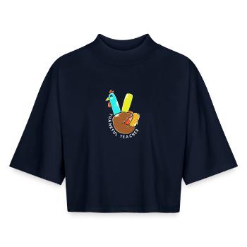Thanksgiving Enseignant Enseignant - T-shirt femme coupe boxy recyclé manches mi-longues Stanley/Stella - marine - Devant - AI Model Female 172 light (172cm)