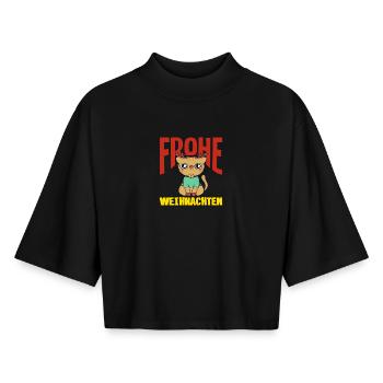 Merry Christmas Cat with Santa Hat - Boxy Women's Recycled 1/2 Sleeved T-Shirt by Stanley/Stella - black - Front - AI Model Female 172 light (172cm)